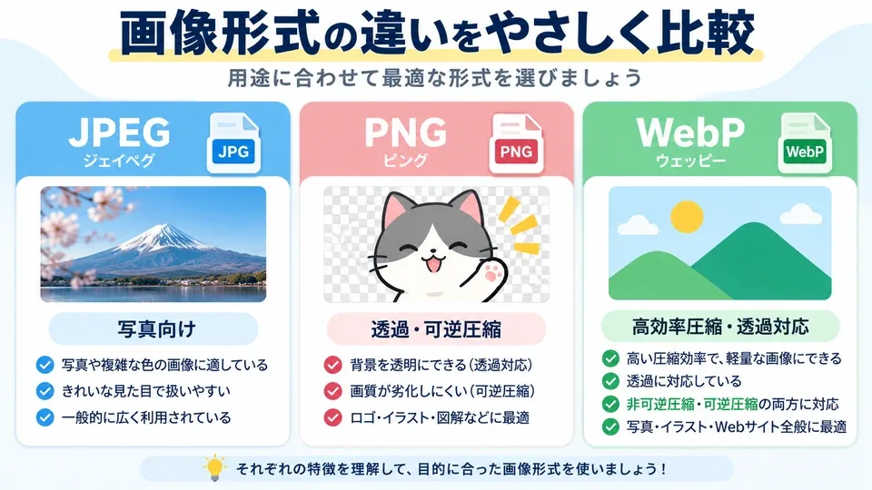 JPEG・PNG・WebPの特徴と用途の違いを比較した図