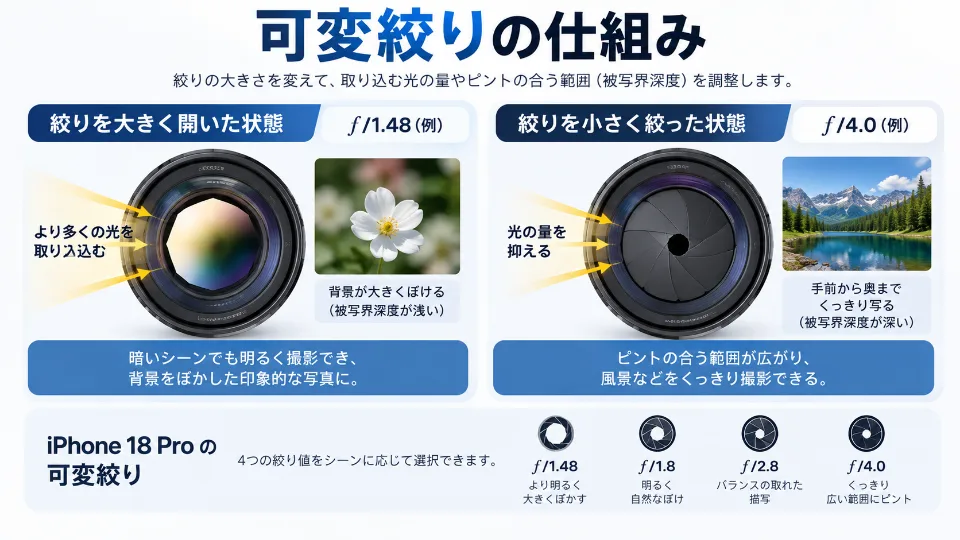 絞りの開き方による光量と被写界深度の違いを示した可変絞りの説明図
