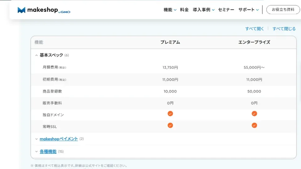 makeshop公式料金表のプレミアムとエンタープライズの料金比較