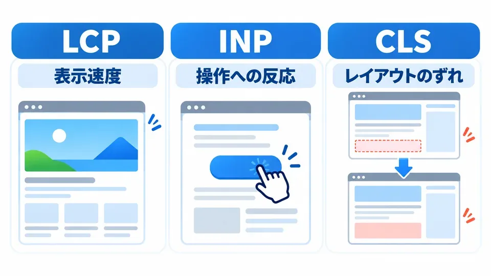 LCPは主要コンテンツの表示、INPは操作への反応、CLSはレイアウトのずれを示す図