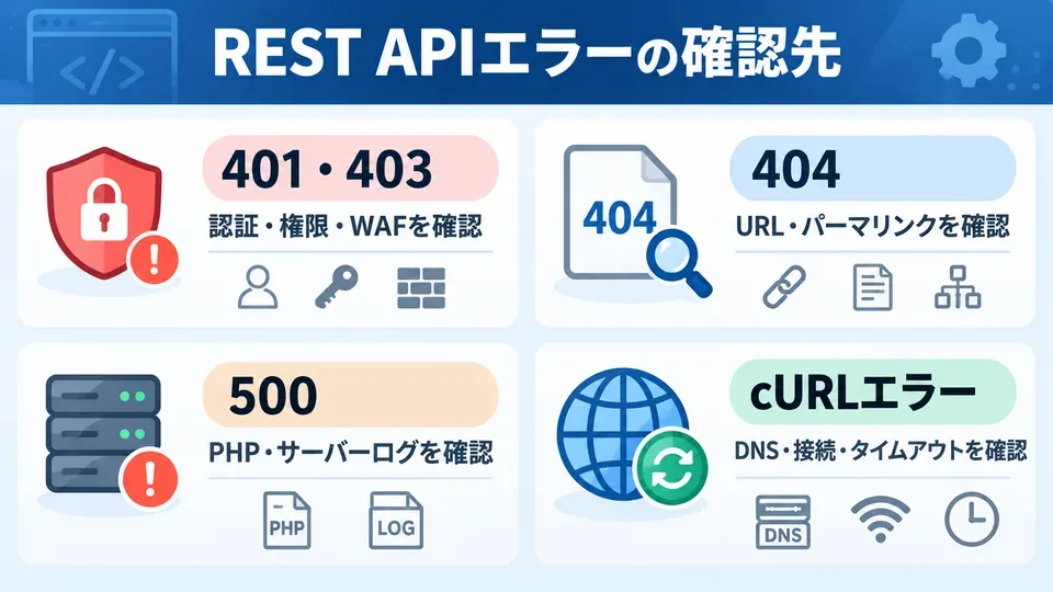 REST APIの401・403・404・500とcURLエラーの確認対象を分類した図