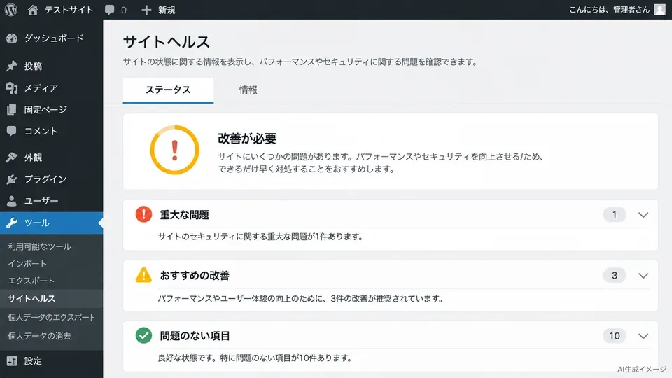 WordPressのサイトヘルスで重大な問題とおすすめの改善を確認するステータス画面