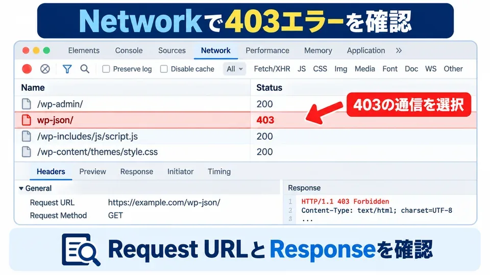 開発者ツールのNetworkパネルで403ステータスの通信を確認する概念図