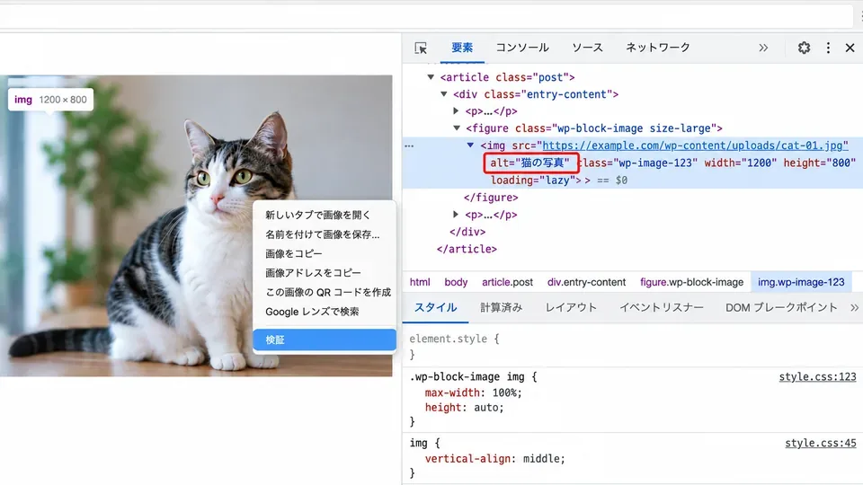 ブラウザの開発者ツールで画像のalt属性を確認している画面