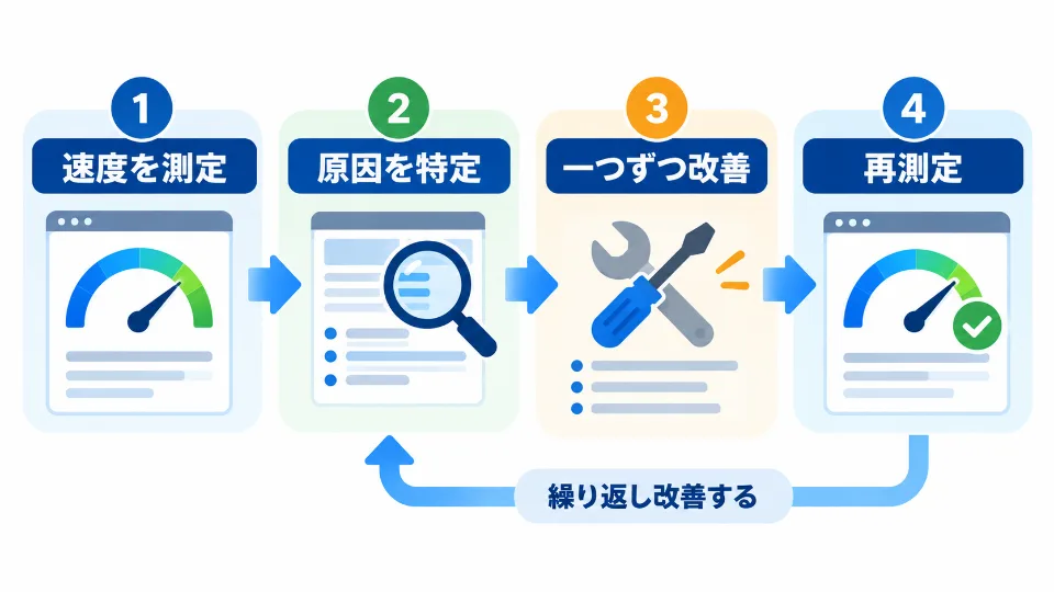 WordPressの速度を測定し原因を特定して改善後に再測定する4段階の流れ
