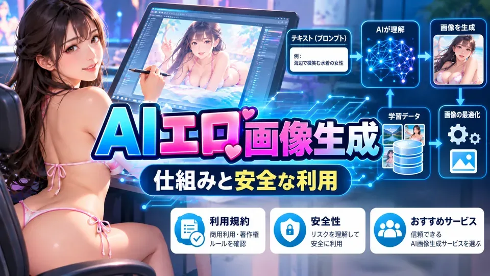 AI画像生成の仕組みと安全な利用を表したデジタルイラスト