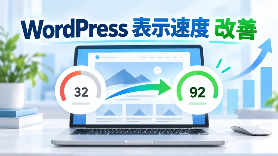 WordPressの表示速度を改善するイメージとWebサイトの速度メーター